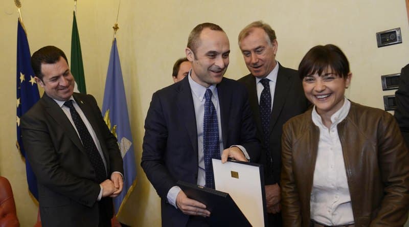 Franco Iacop (Presidente Consiglio regionale), Enrico Costa (Ministro Affari regionali, Autonomie e Sport), Paride Cargnelutti (Vicepresidente Consiglio regionale) e Debora Serracchiani (Presidente Regione Friuli Venezia Giulia), nella sede del Consiglio regionale del FVG - Trieste 22/03/2016