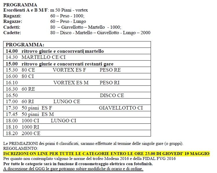 programma atletica tolmezzo