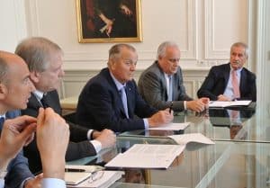 Debora Serracchiani (Presidente Regione Friuli Venezia Giulia) e Sara Vito (Assessore regionale Ambiente) con i vertici di Alpe Adria Energia S.p.A. e i rappresentanti delle imprese che partecipano al progetto per l'elettrodotto tra Wurmlach (Austria) e Somplago (Udine) - Trieste 01/08/2014