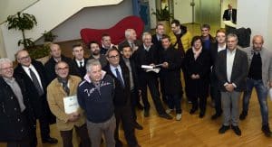 Enzo Cainero [Project manager Tappe in FVG 100° Giro d'Italia (XIX San Candido-Piancavallo 26 maggio; XX Pordenone-Asiago 27 maggio)], Francesco Moser e Sergio Bolzonello (Vicepresidente Regione FVG e assessore Attività produttive, Turismo e Cooperazione), insieme ad amministratori locali dei territori interessati, alla presentazione delle iniziative ciclistiche per il 2017 in Friuli Venezia Giulia - Udine 06/12/2016